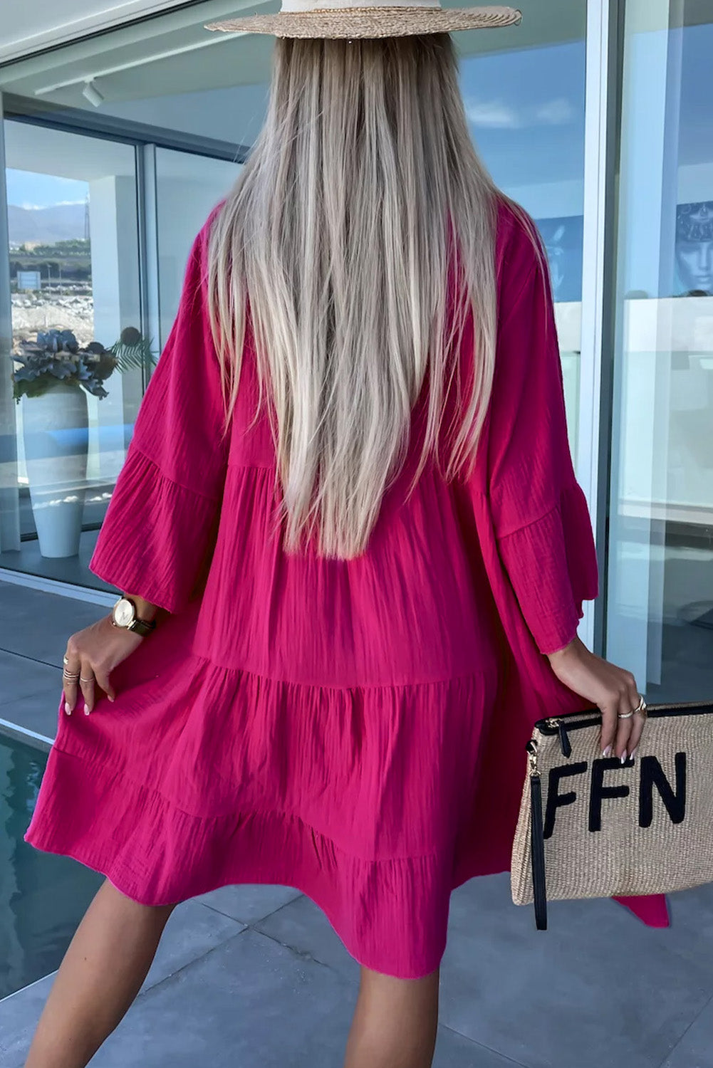 Women's Crinkled Layered Split Neck Shirt Dress