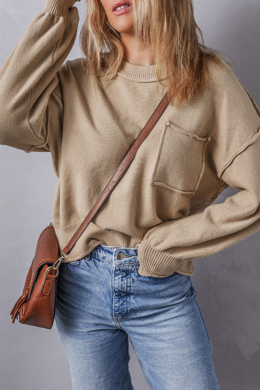 Pocket Exposed Seam Loose Sweater