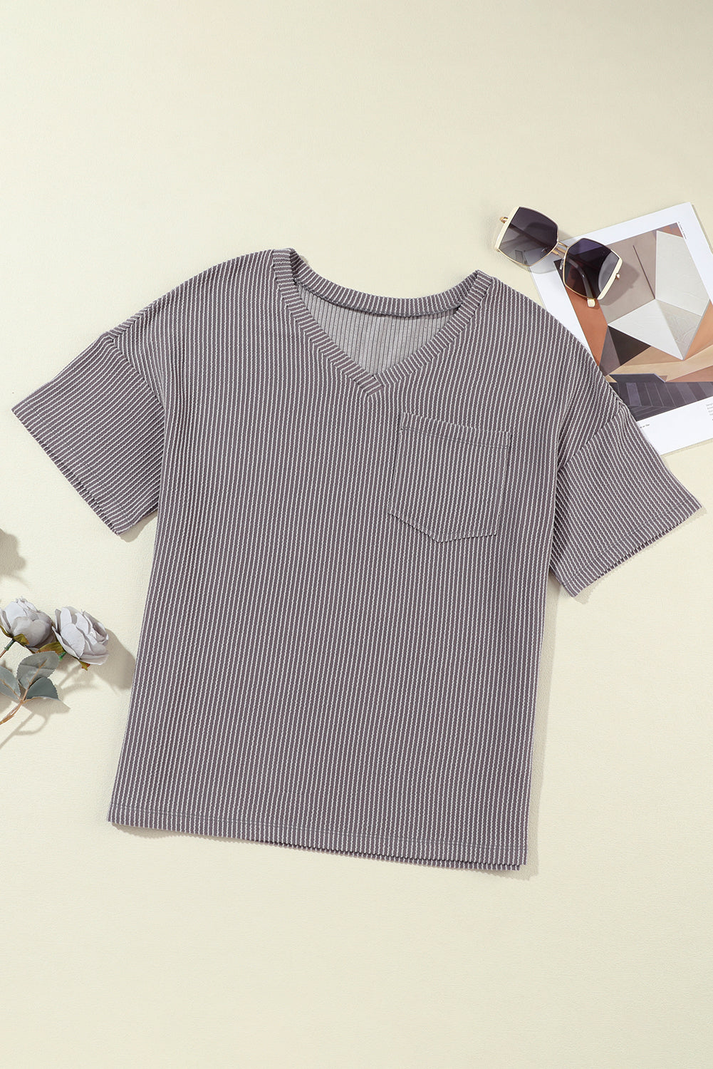 T-shirt for Women Corded V Neck Chest Loose