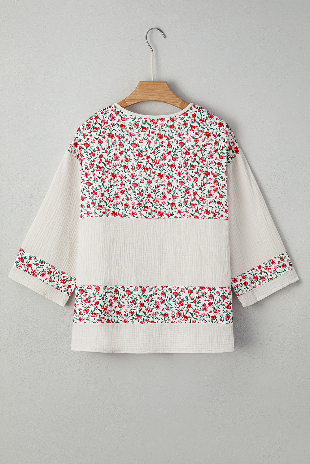 Patchwork Floral-Print Gauze Henley Button 3/4 Sleeve Blouse