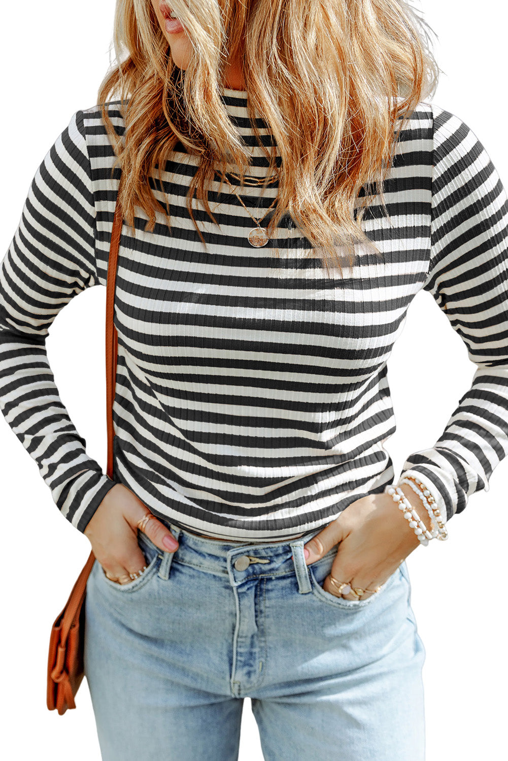 Women's Tee with Long-Sleeve Striped Textured Knitted