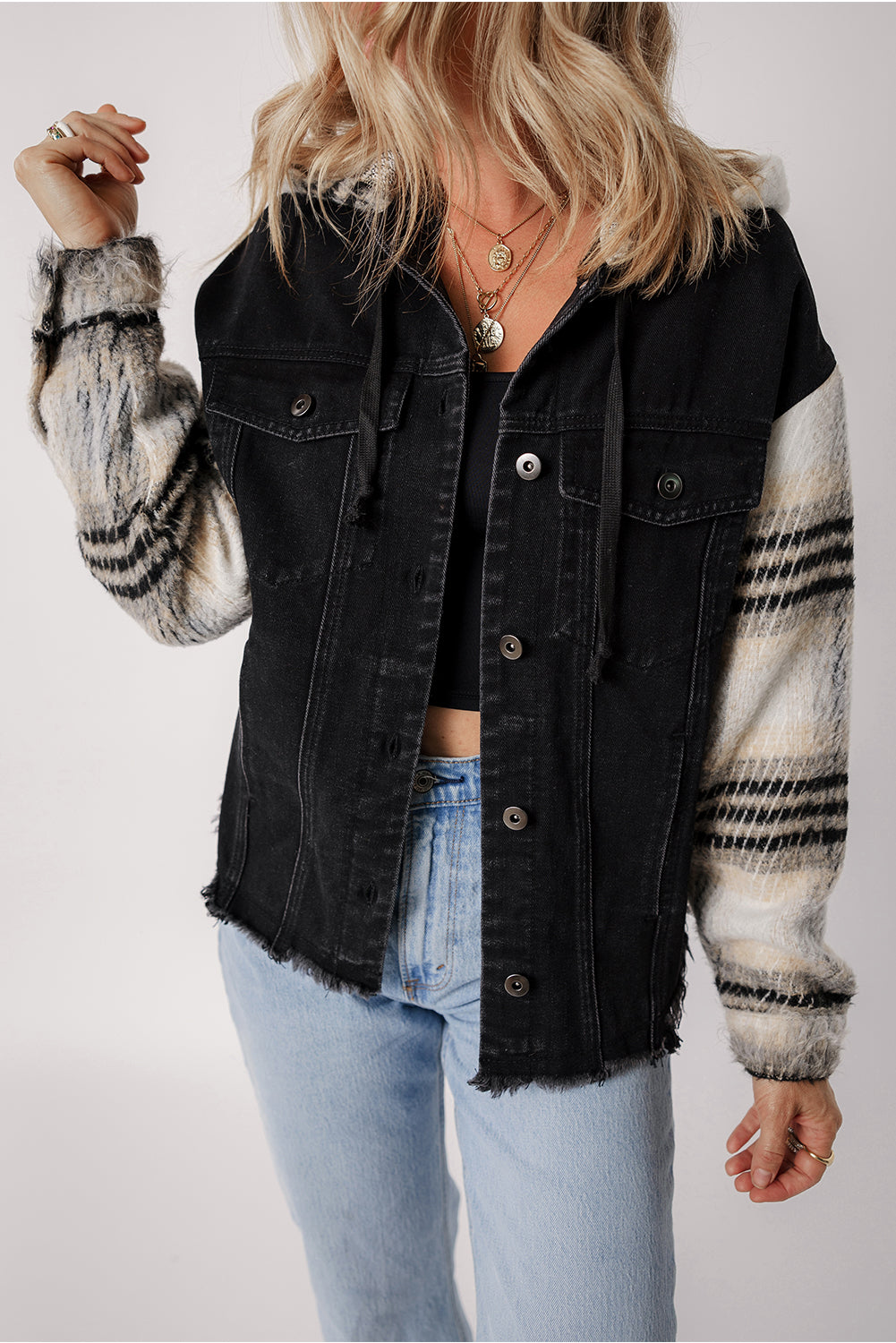 Denim Jacket with Plaid-Patterned Sleeve Frayed Hem Hooded