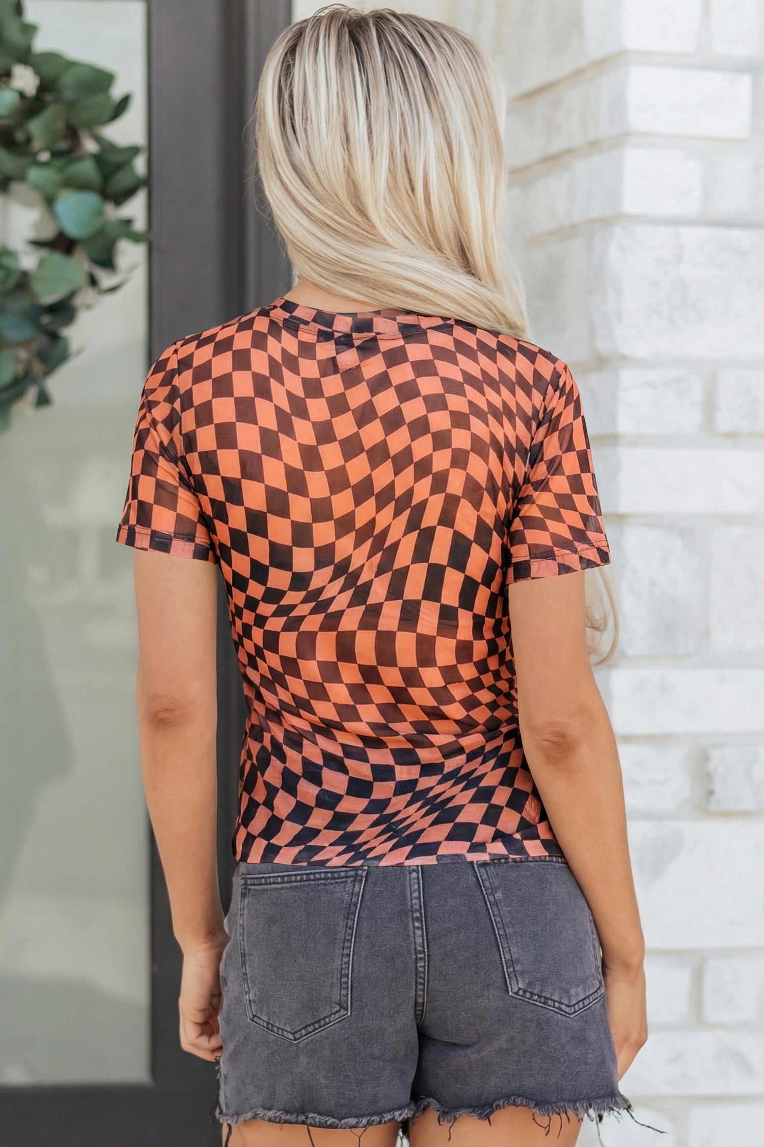 Crew-Neck Checkered Print Mesh T Shirt in Orange