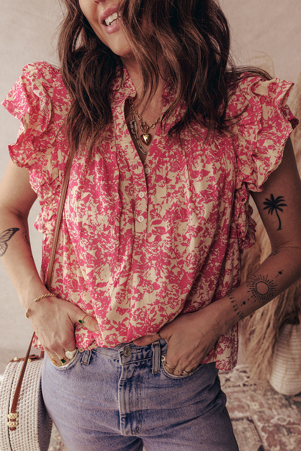 Half Allover Printed Button Neck Ruffle Sleeve Blouse