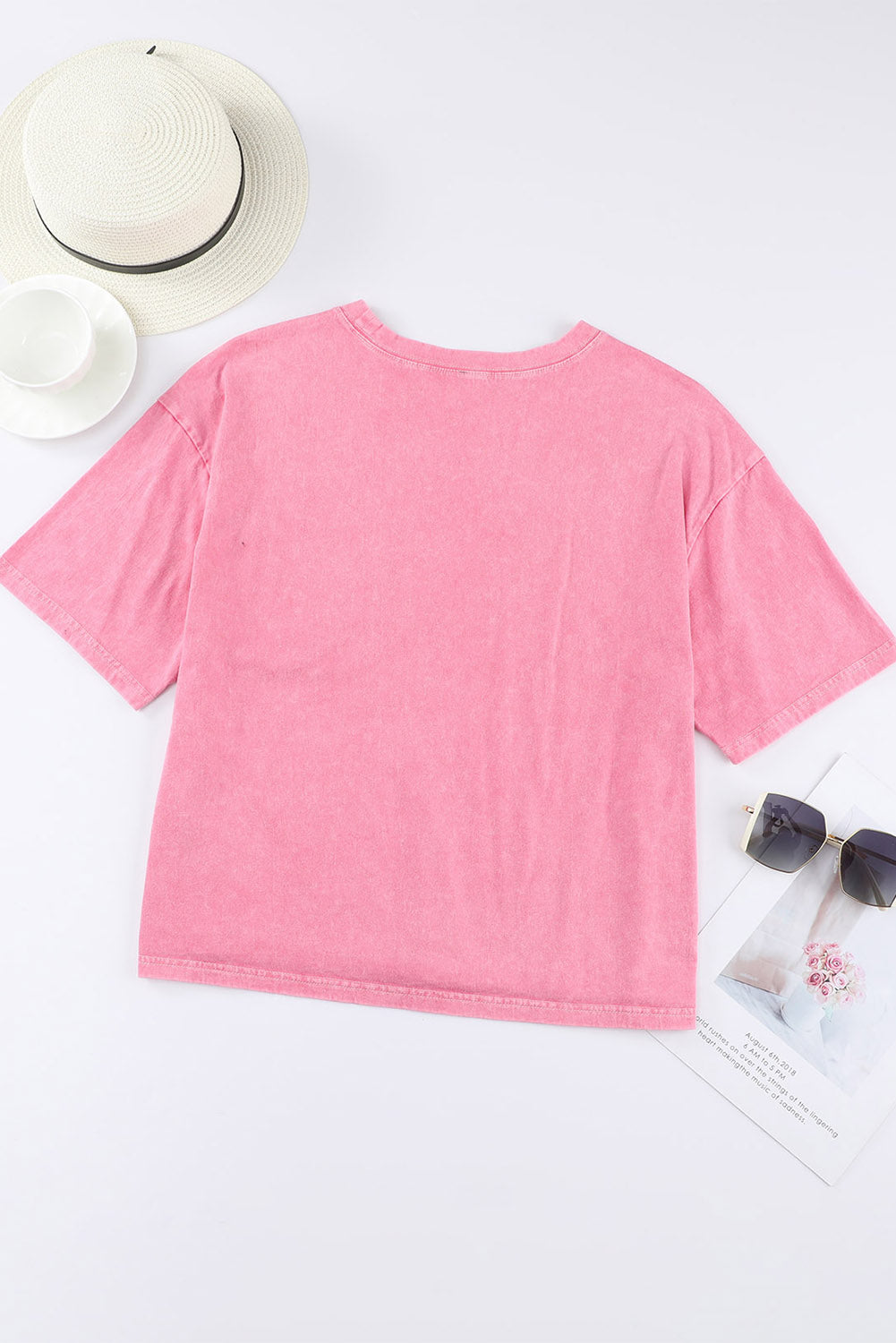 Women's T-shirt Featuring Lace-Trimmed Patch Pocket Acid Wash