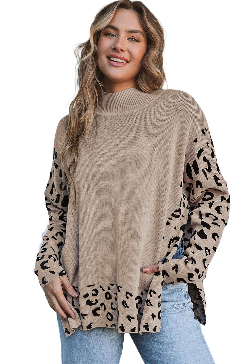 Women's Leopard-Print Side Slit Oversized Sweater