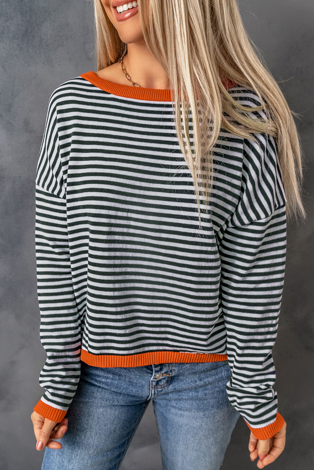 Women's Trimmed Dropped-Shoulder Striped Contrast Sweater