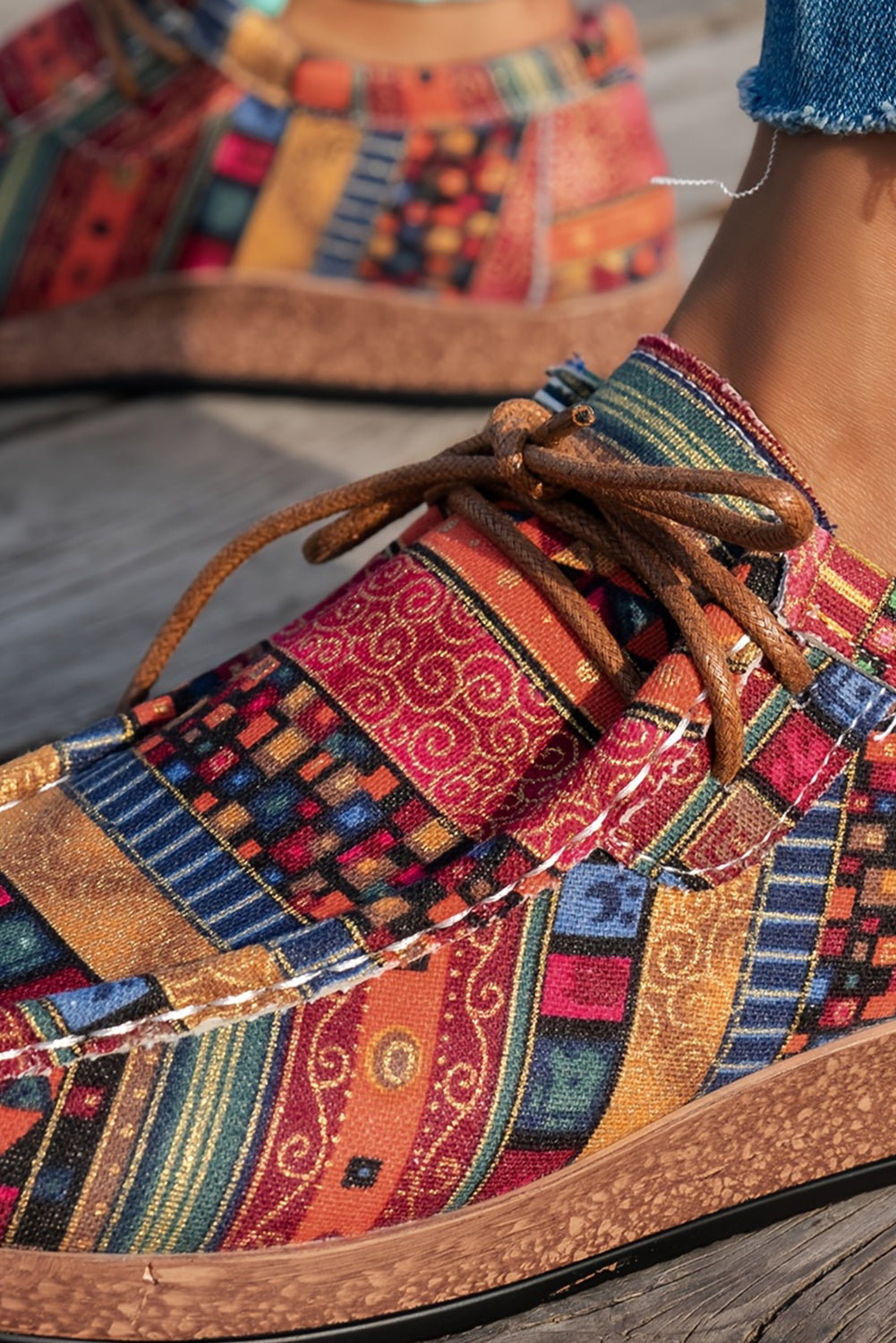 Print Faux Western Faux Suede Lace-up Decor Slip On Shoes