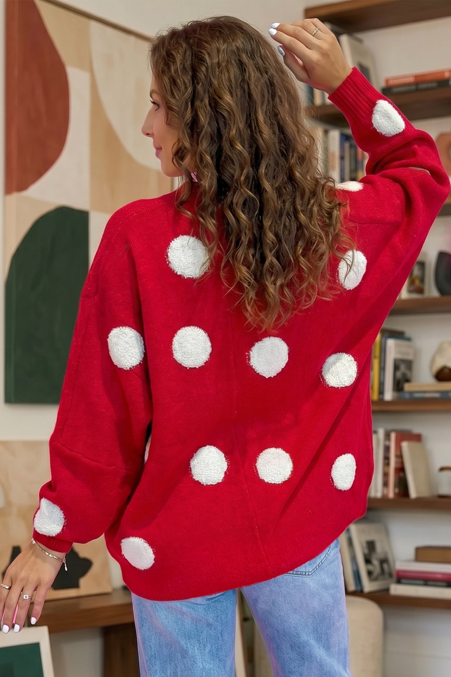 Front Polka-Dot Button Roomy V-Neck Cardigan in Red