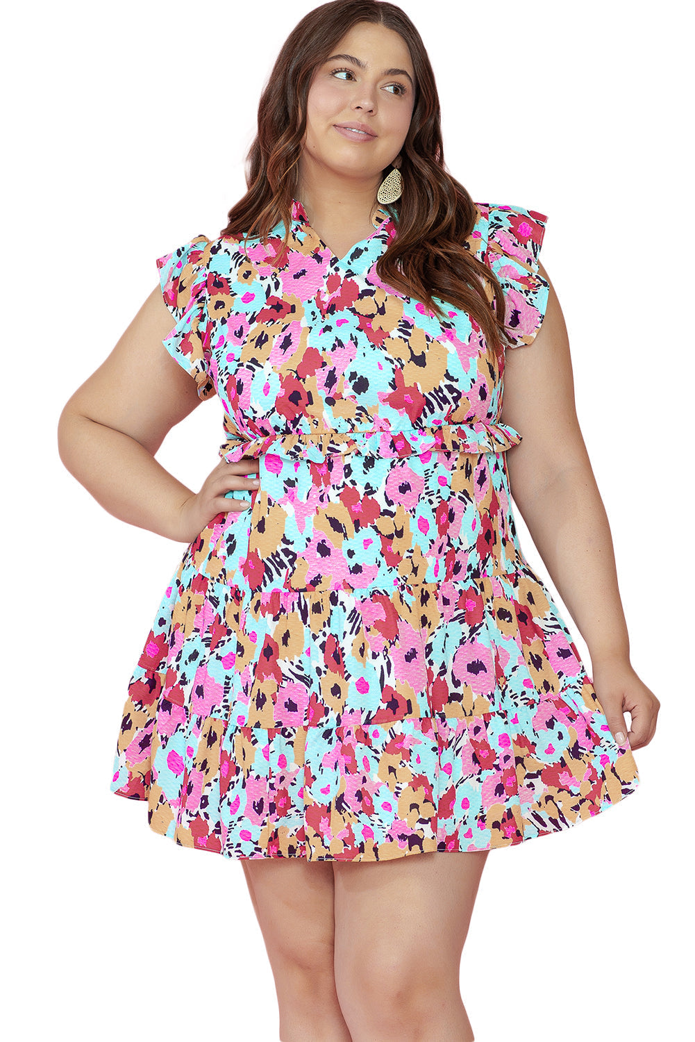 Women's Mini Dress with Floral-Print Ruffle-Trimmed Cap Sleeve Plus Size