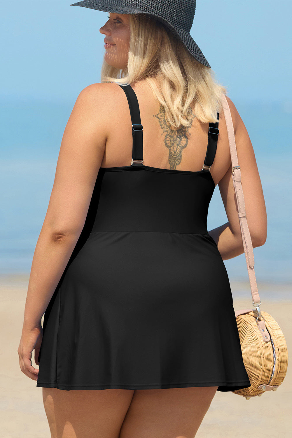Black Square Neck Knotted Plus Size One Piece Swimsuit