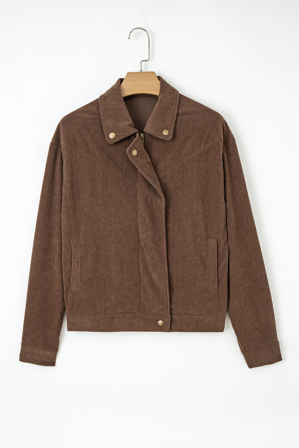Button Collar Zip-Front Lapel Corduroy Jacket in Dark Khaki