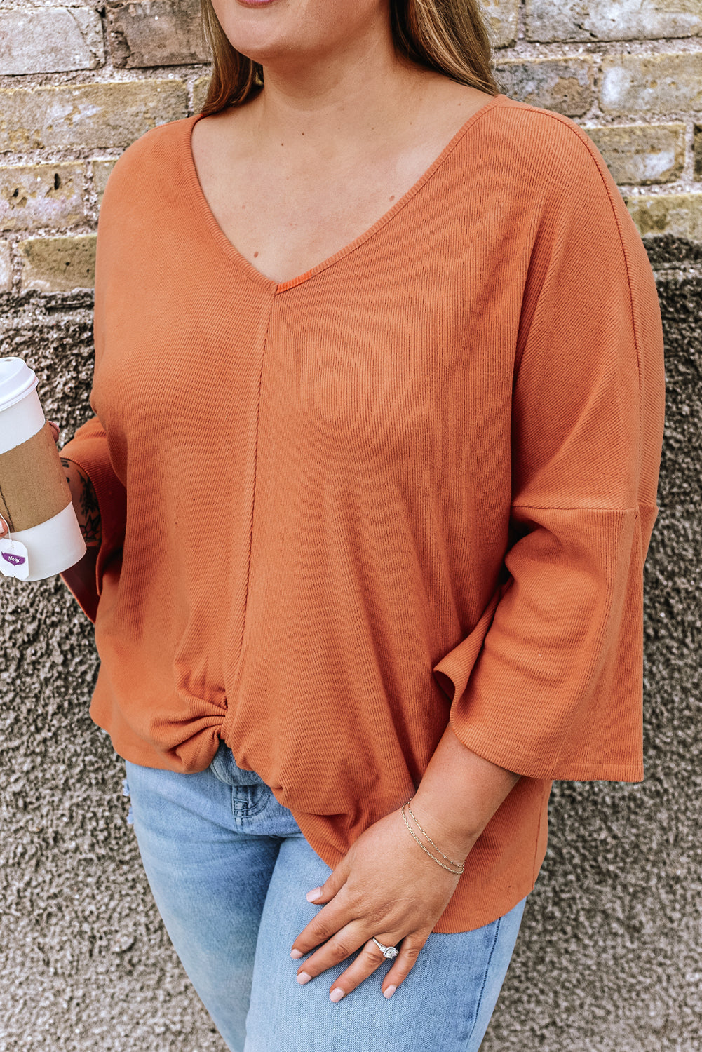 Women's Top Featuring Rib-Knitted Plus Size Twist Hem