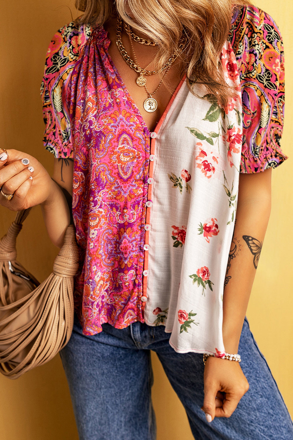 Women's Floral-Print Button-Front Bohemian Blouse