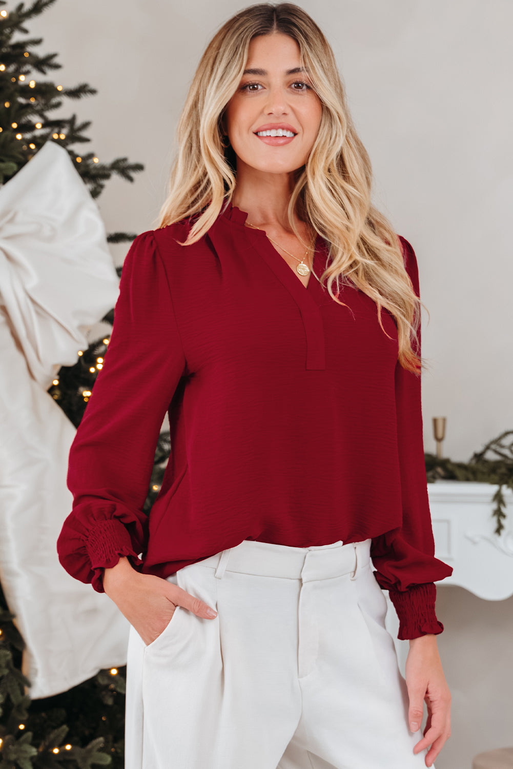 Neck Shirred Notched Shirred Cuff Long-Sleeved Blouse