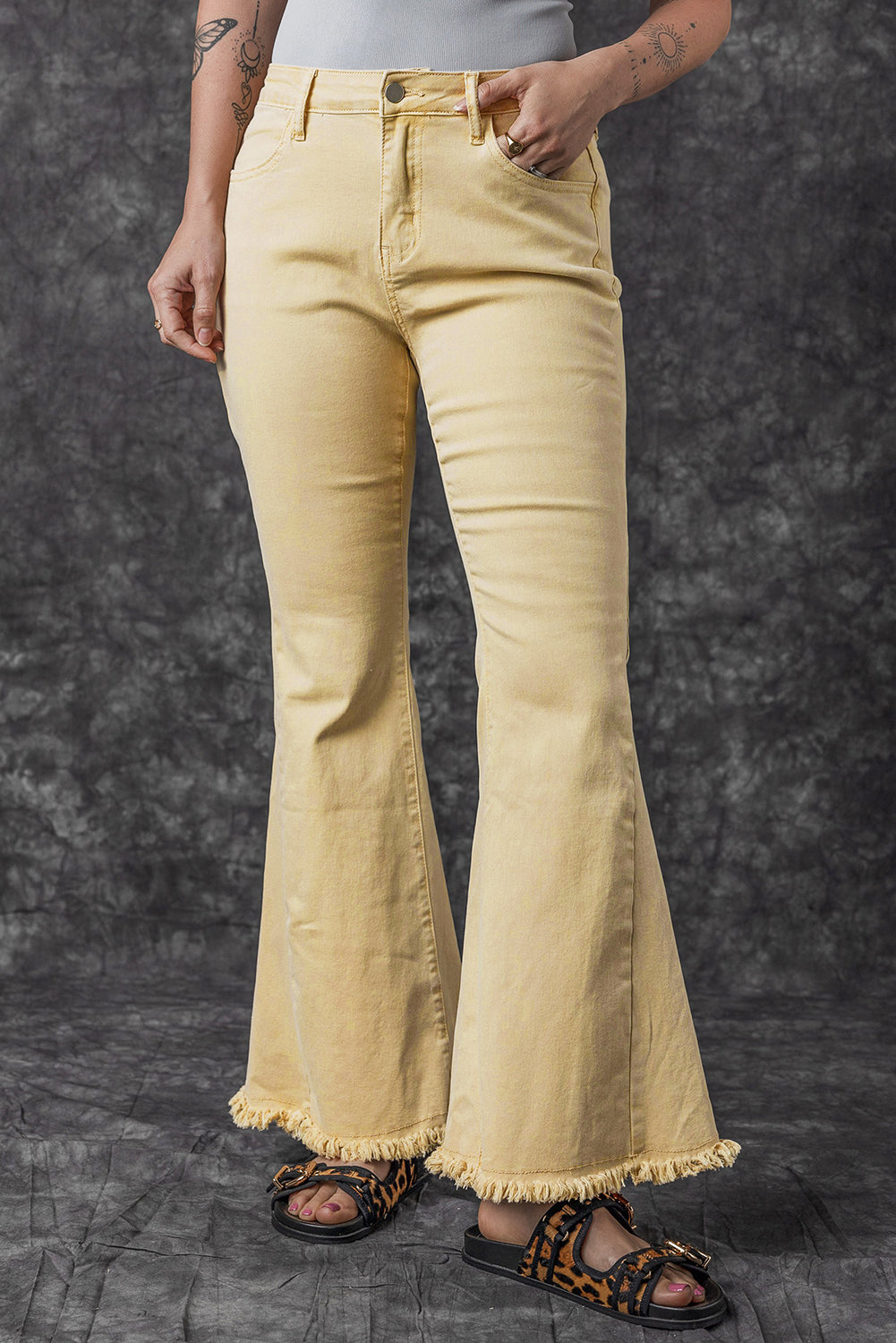 Women's Jeans Featuring Raw Edge Mid Waist Flared
