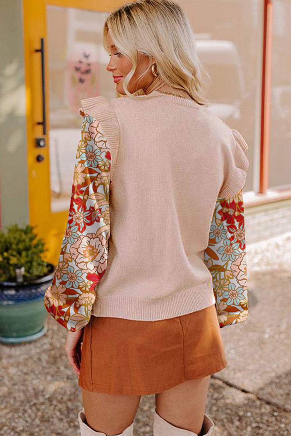 Ruffle Cable Knit Detail Contrast Floral Sleeve Patchwork Knit Top
