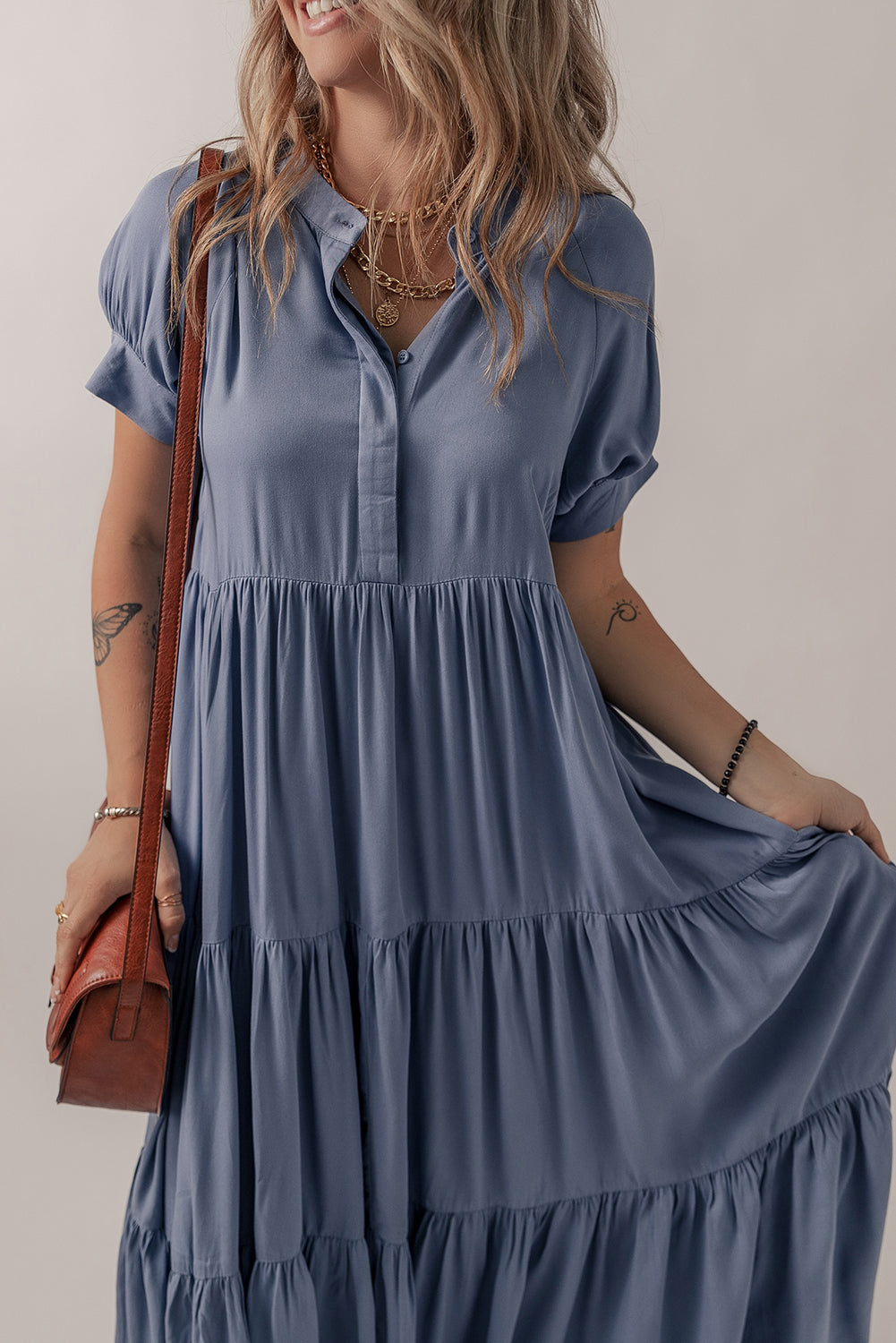 Hidden Ruffle Buttons Short-Sleeved Tiered Long Flared Dress