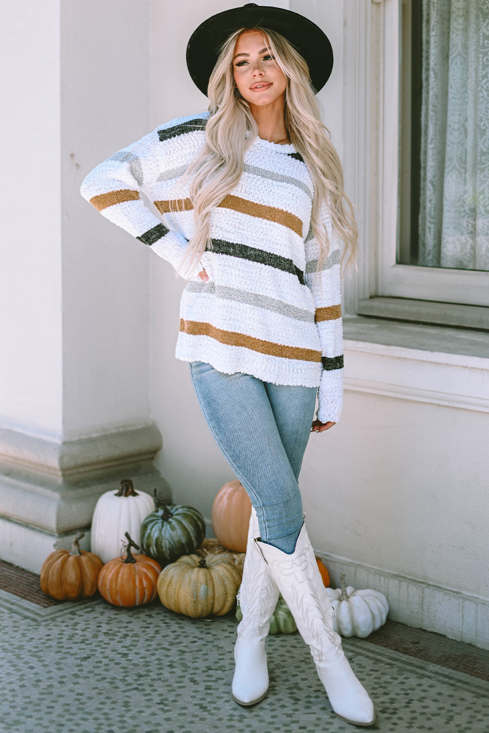 Knit Sweater for Women Striped Popcorn