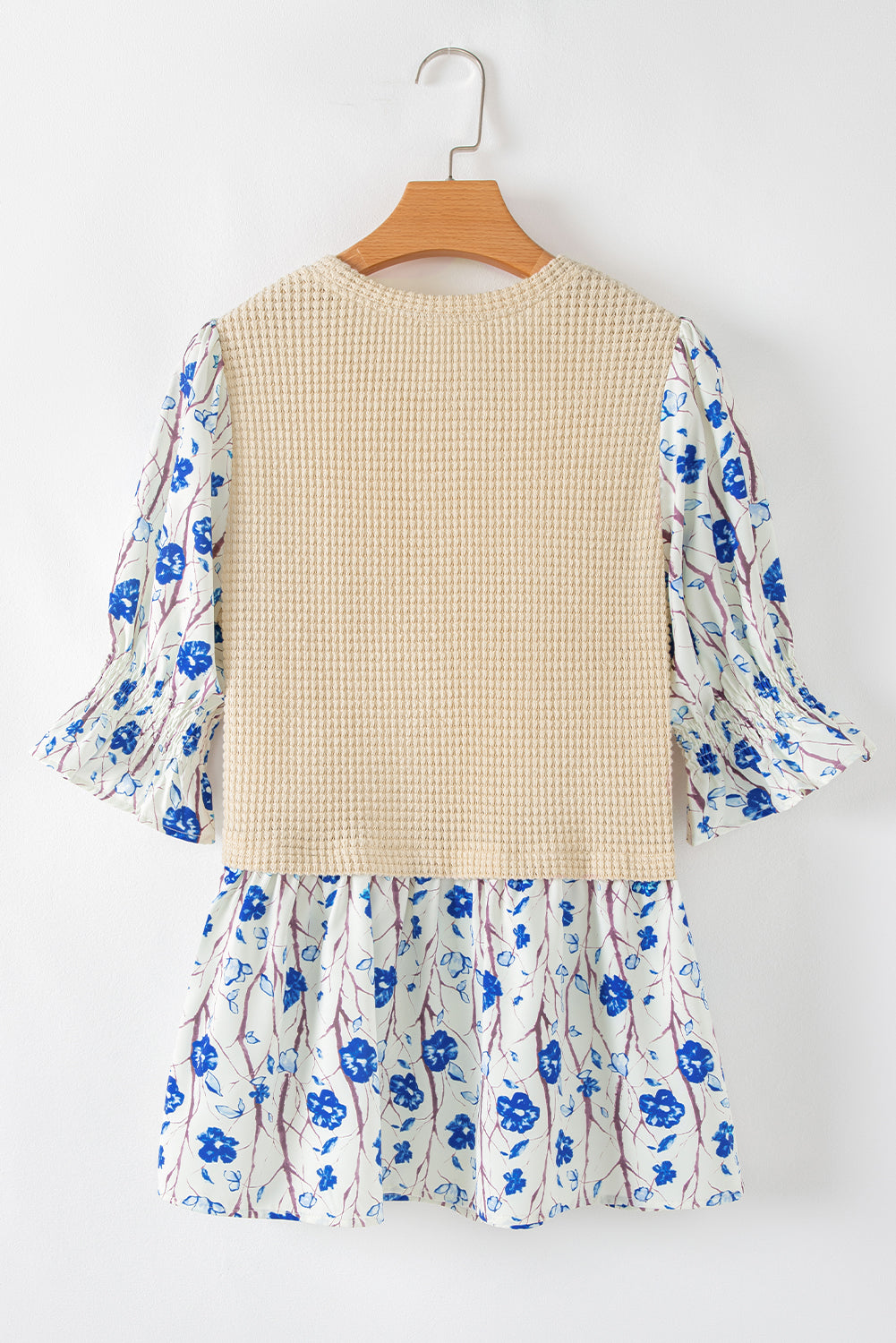 Waffle Floral Patchwork Short Flounce Sleeve Peplum Blouse