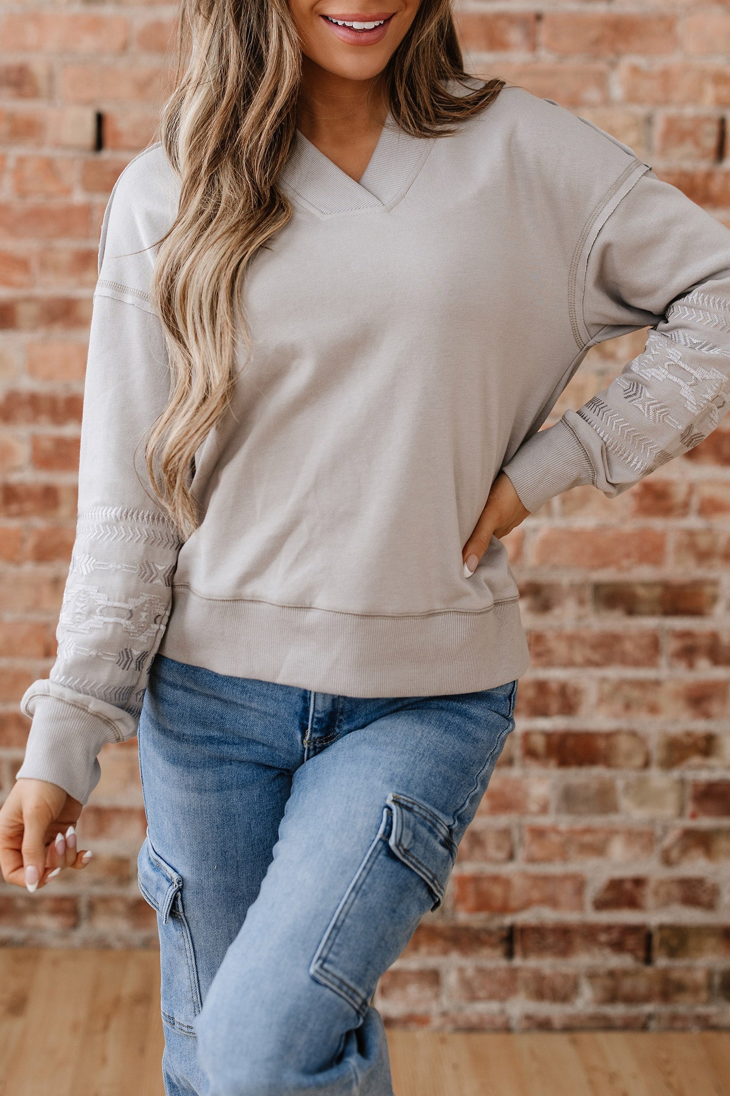 Aztec Embroidered Western V-Neck Sweatshirt