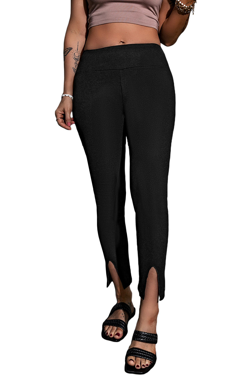 Women's Leggings with Rib-Knitted High-Rise Black Slit