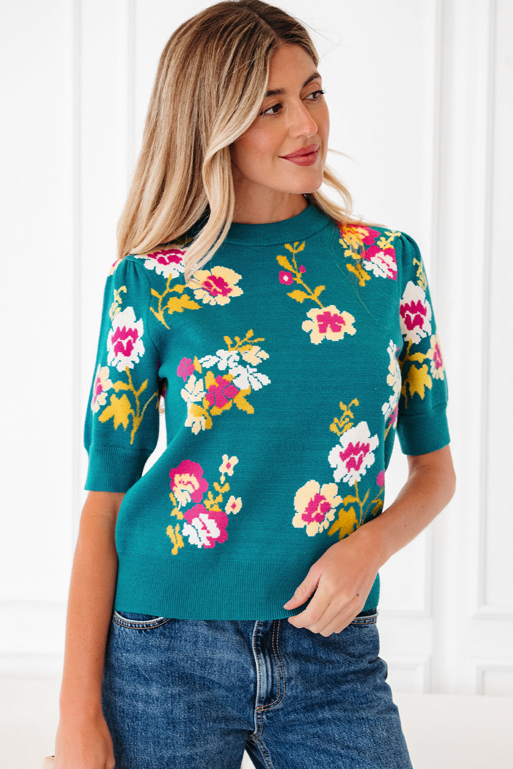 Pattern Mock-Neck Flower Mock-Neck Short-Sleeved Knit T Shirt