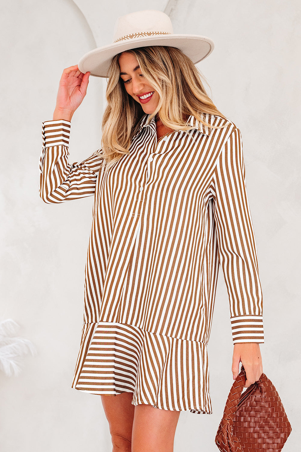 Ruffled Long-Sleeved Hem Collared Shirt Mini Dress