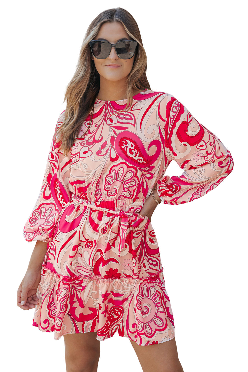 Mini Dress for Women Belted Paisley Keyhole Back