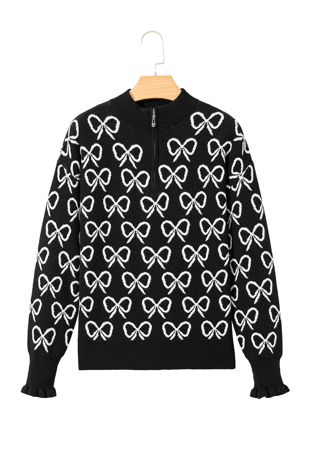 Bow Pattern Cute Pattern Drop-Shoulder Zip Collar Knit Top