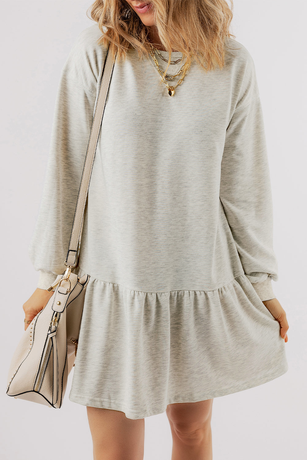 Mini Dress for Women Balloon Sleeve Ruffle-Trimmed Hem