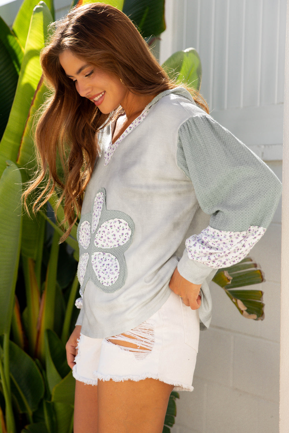 Floral Patched Waffle Textured Colorblock V-Neck Everyday Hooded Top
