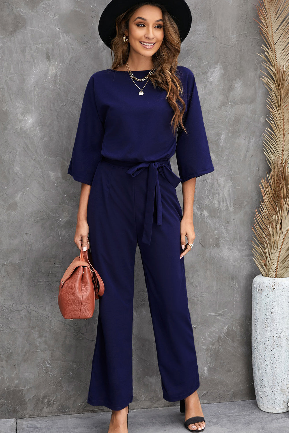 Women's Leg Jumpsuit Featuring Bracelet-Length Sleeve Waist Tie Wide