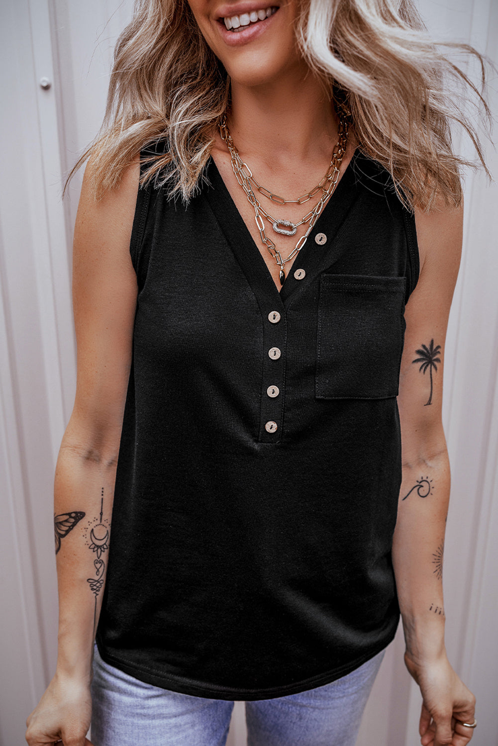 Women's Tank Top Featuring Patched Pocket Half Button