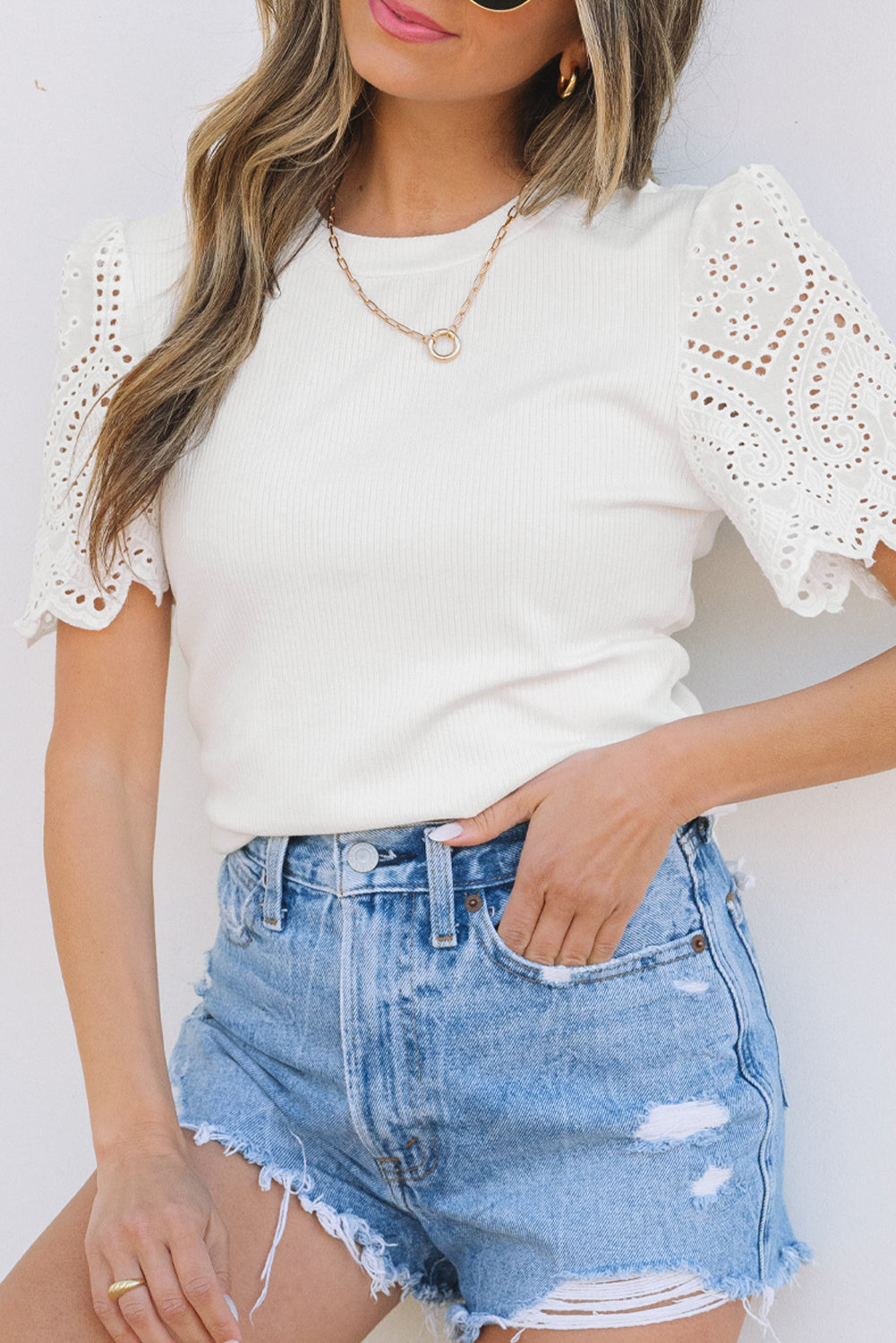 White Eyelet Pattern Short Sleeve Ribbed Top