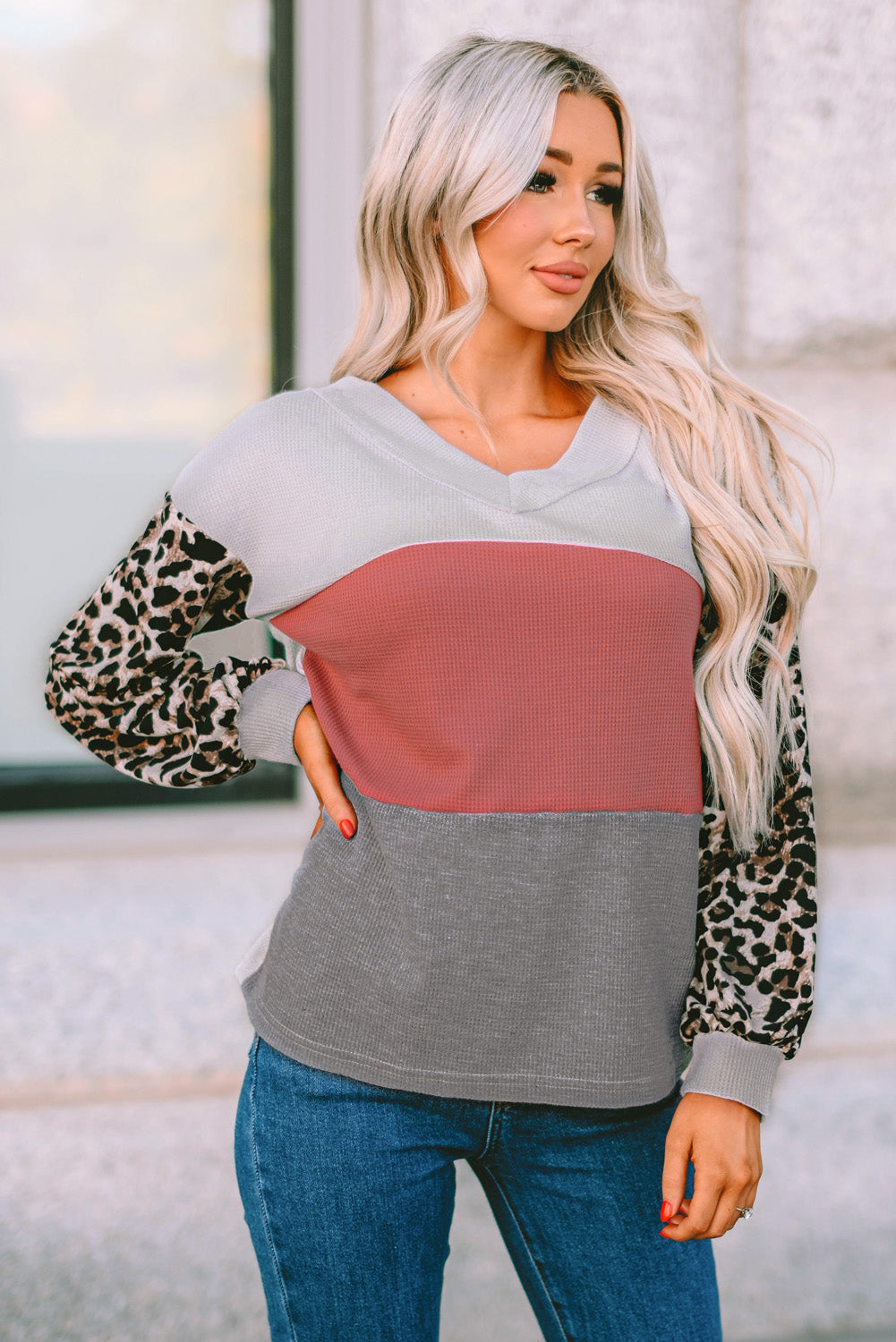 Women's Waffle Contrast Sleeve Knit Top