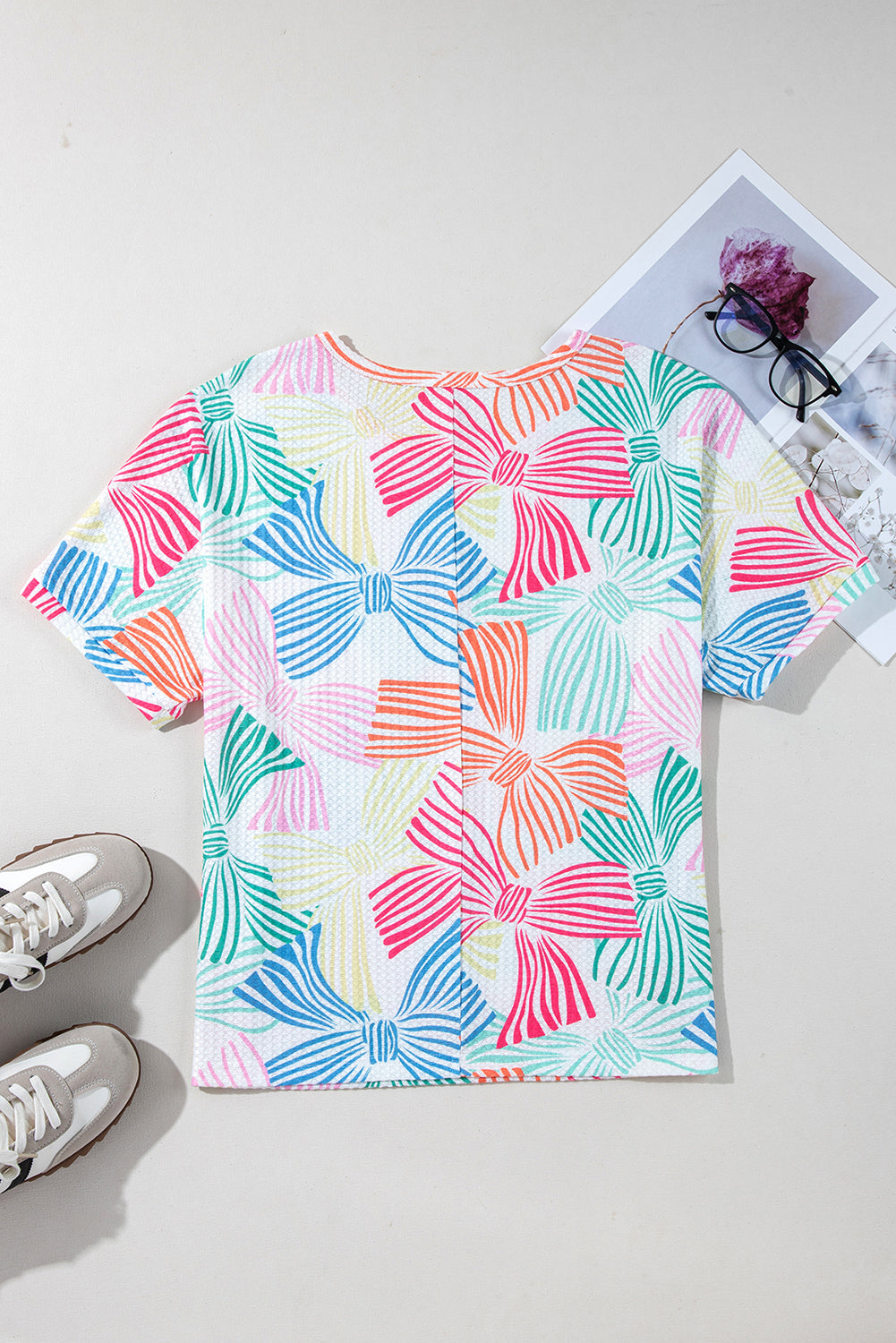 Bowknot Printed Waffle Crewneck Loose Top