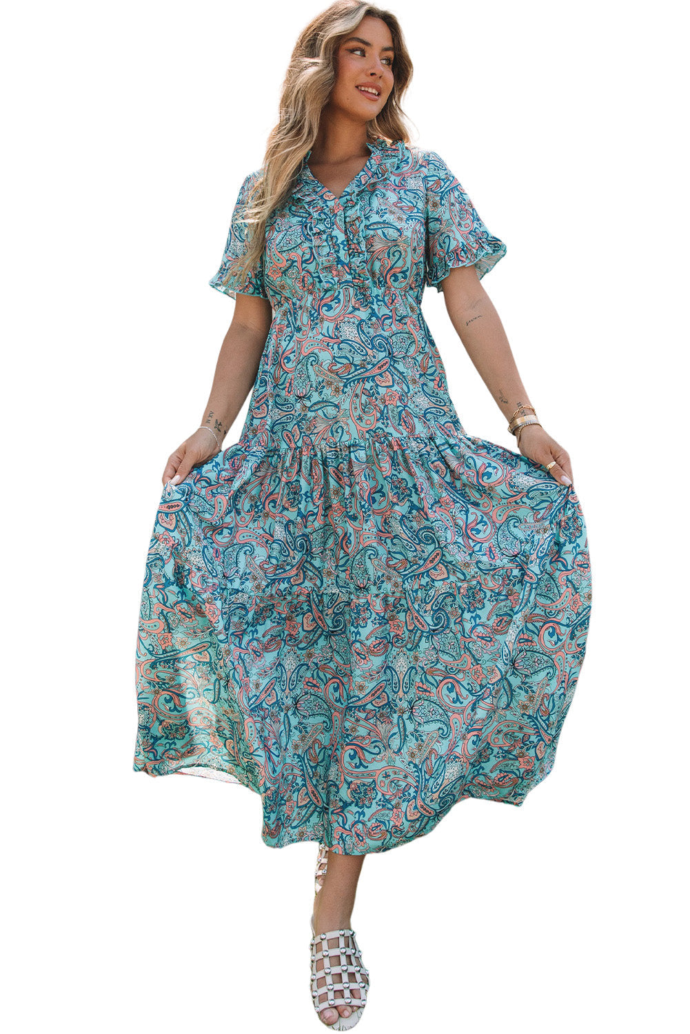 Women's Maxi Dress with Paisley Bohemian Ruffle-Trimmed Layered