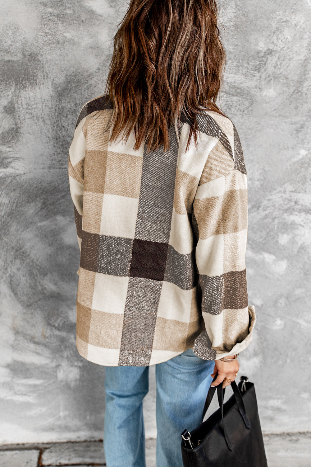 Shirt Jacket for Women Button-Front Pocket Long-Sleeve Women's Khaki Plaid Color-Block