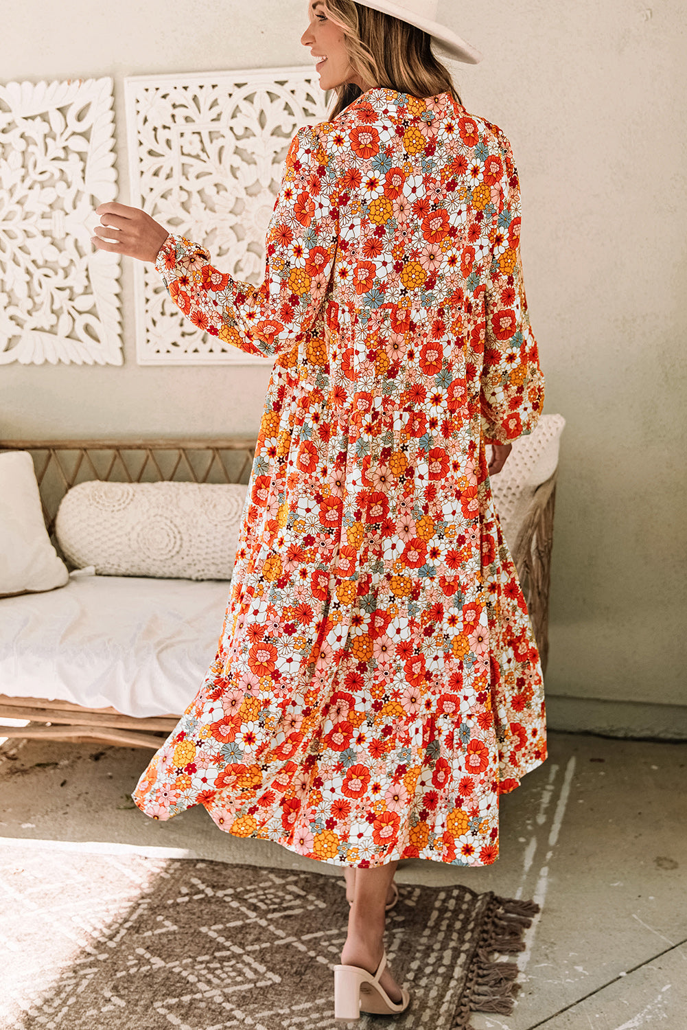 Dress for Women Collared Long-Sleeve Ruffle-Trimmed Bohemian