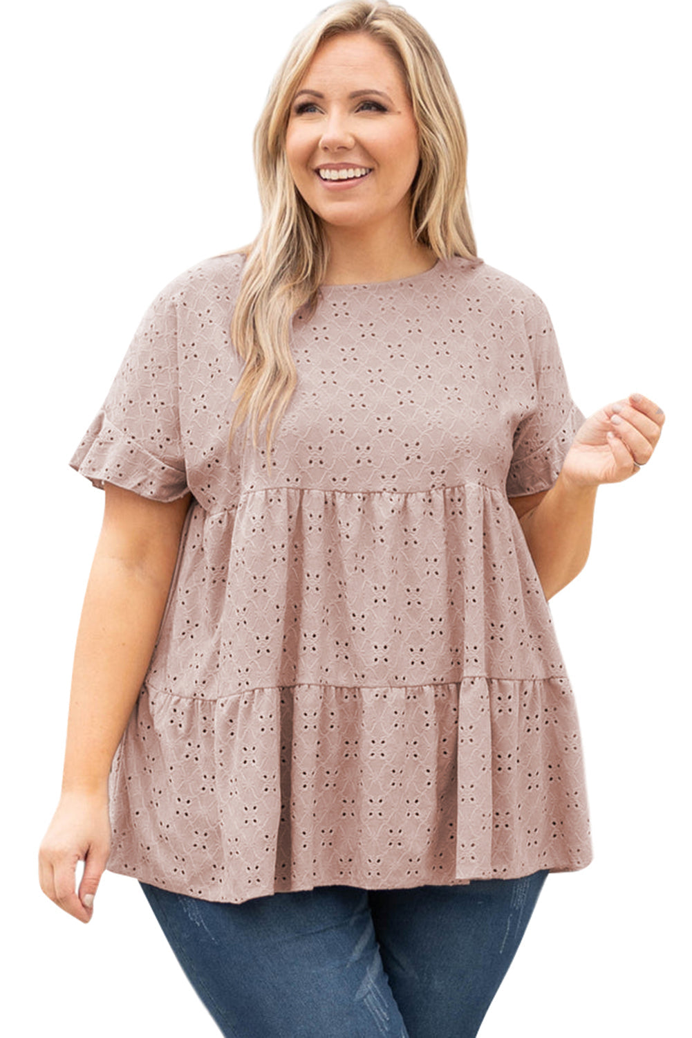 Babydoll Top for Women Plus Size Eyelet Pattern Ruffle-Trimmed Sleeve