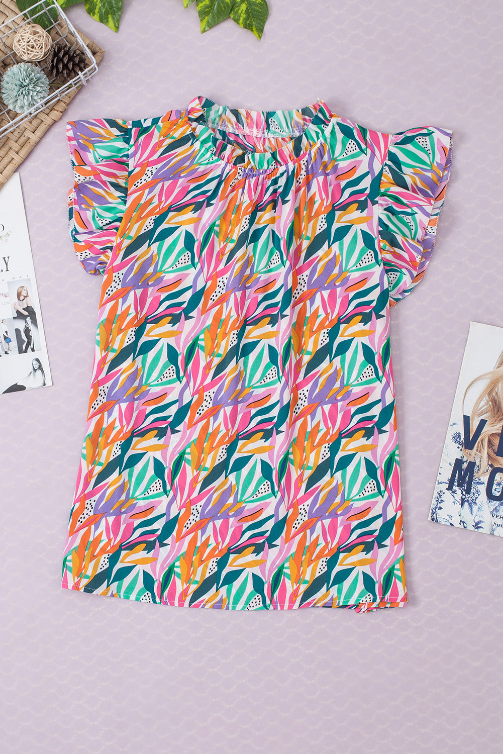 Women's Blouse with Print Ruffle-Trimmed Floral-Print