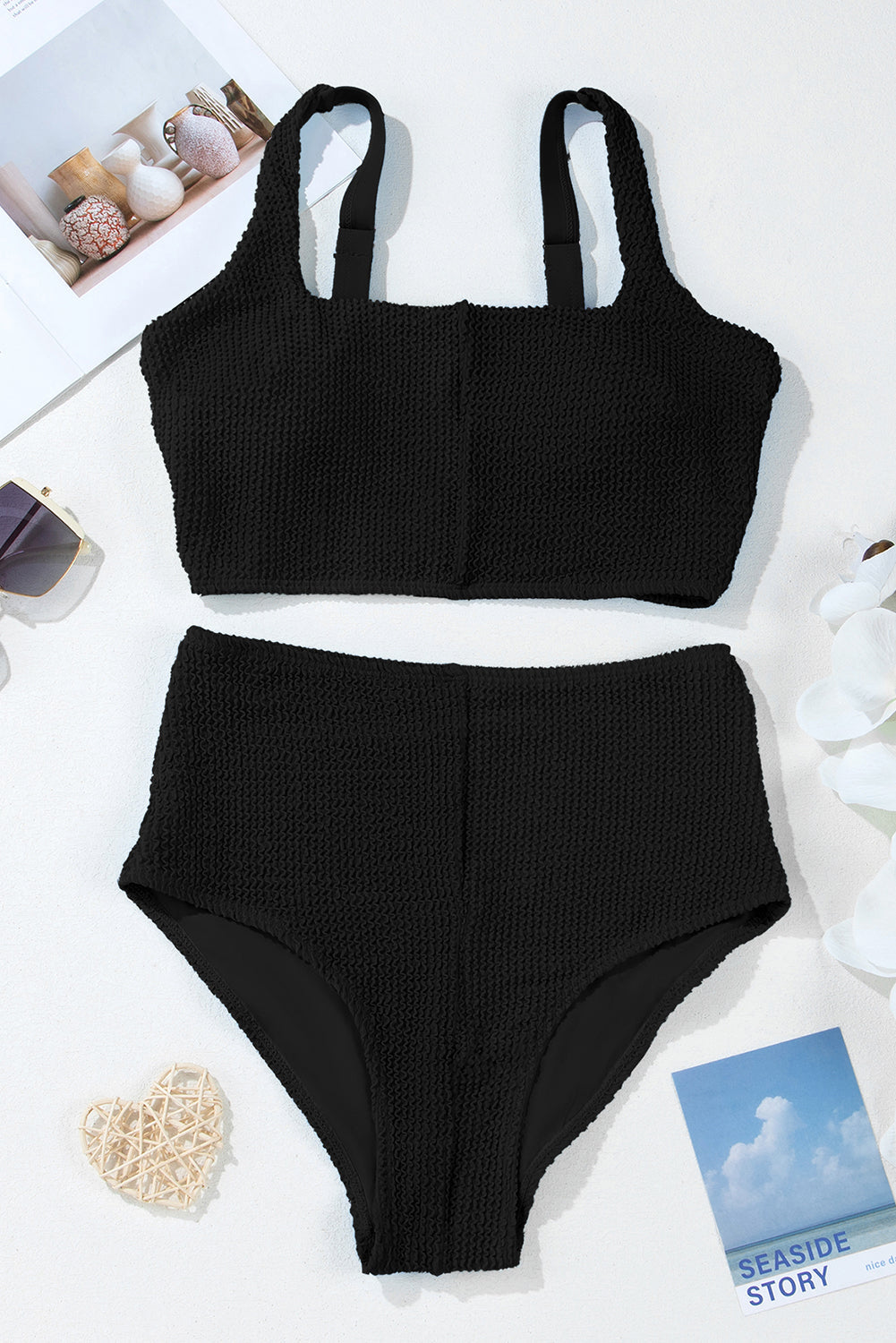 Corded Solid Square Neck Bikini Swimsuit in Black