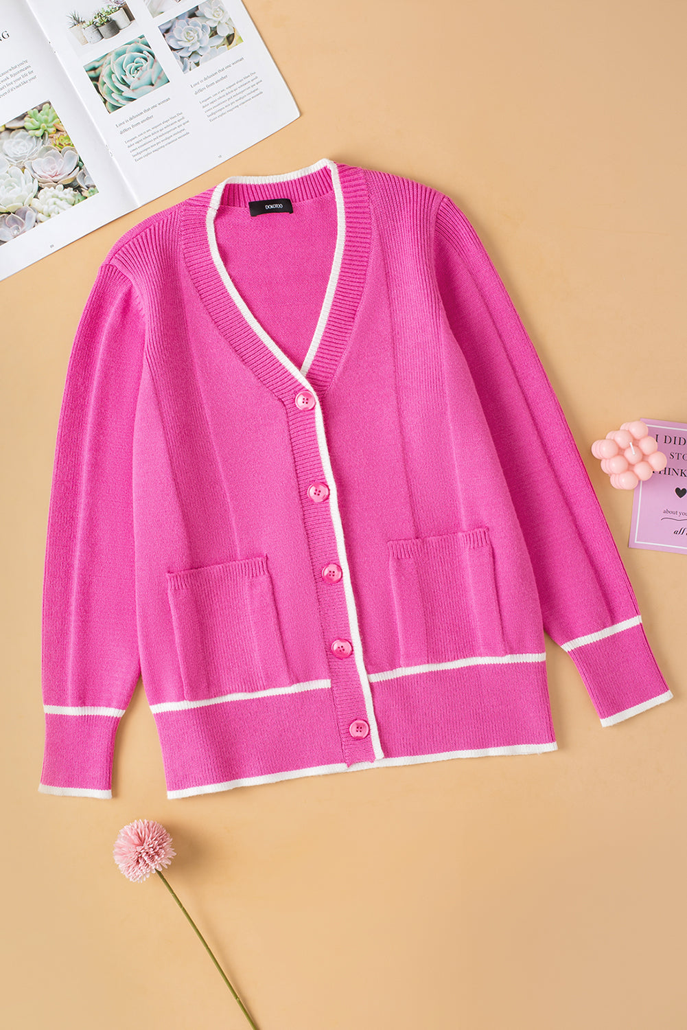 Bright Pink Color Contrast Side Pockets Button V-Neck Cardigan