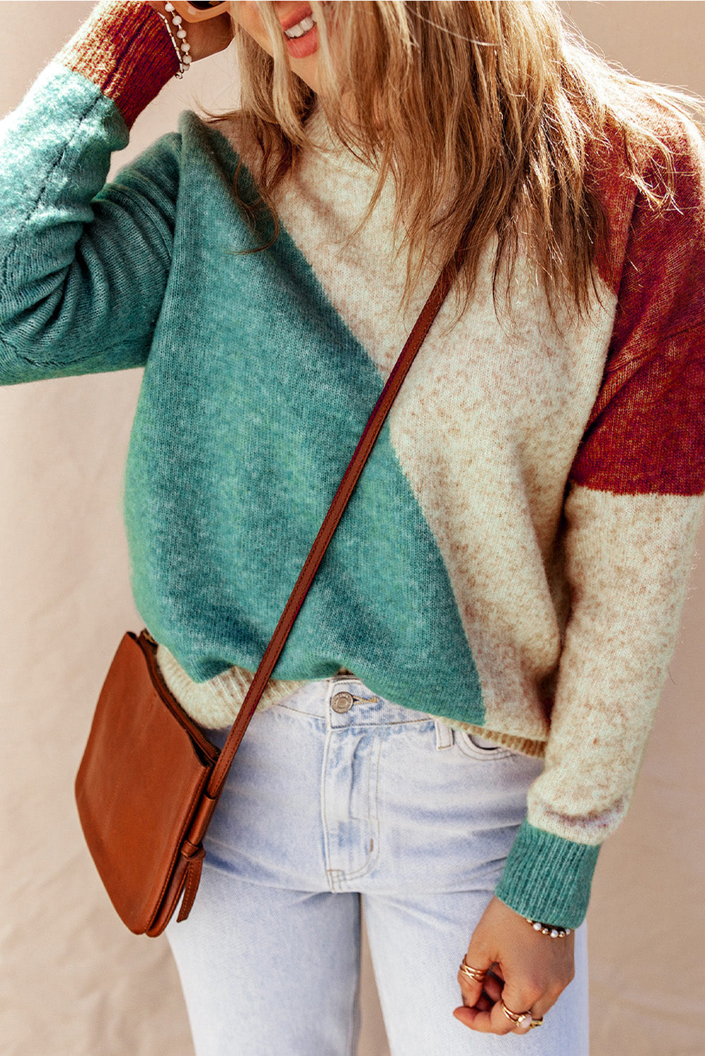 Women's Sweater with Rib-Knitted Trim Round Neck