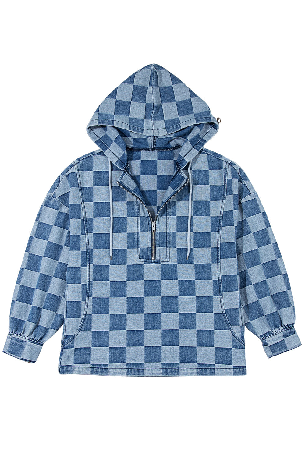 Neck Checkerboard Zip Kangaroo Pocket Denim Hoodie