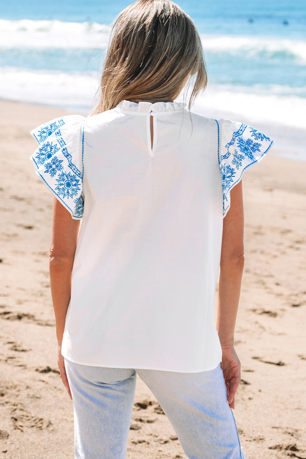 Ruffled Sleeve Embroidered Sleeve Frilled Collar Blouse