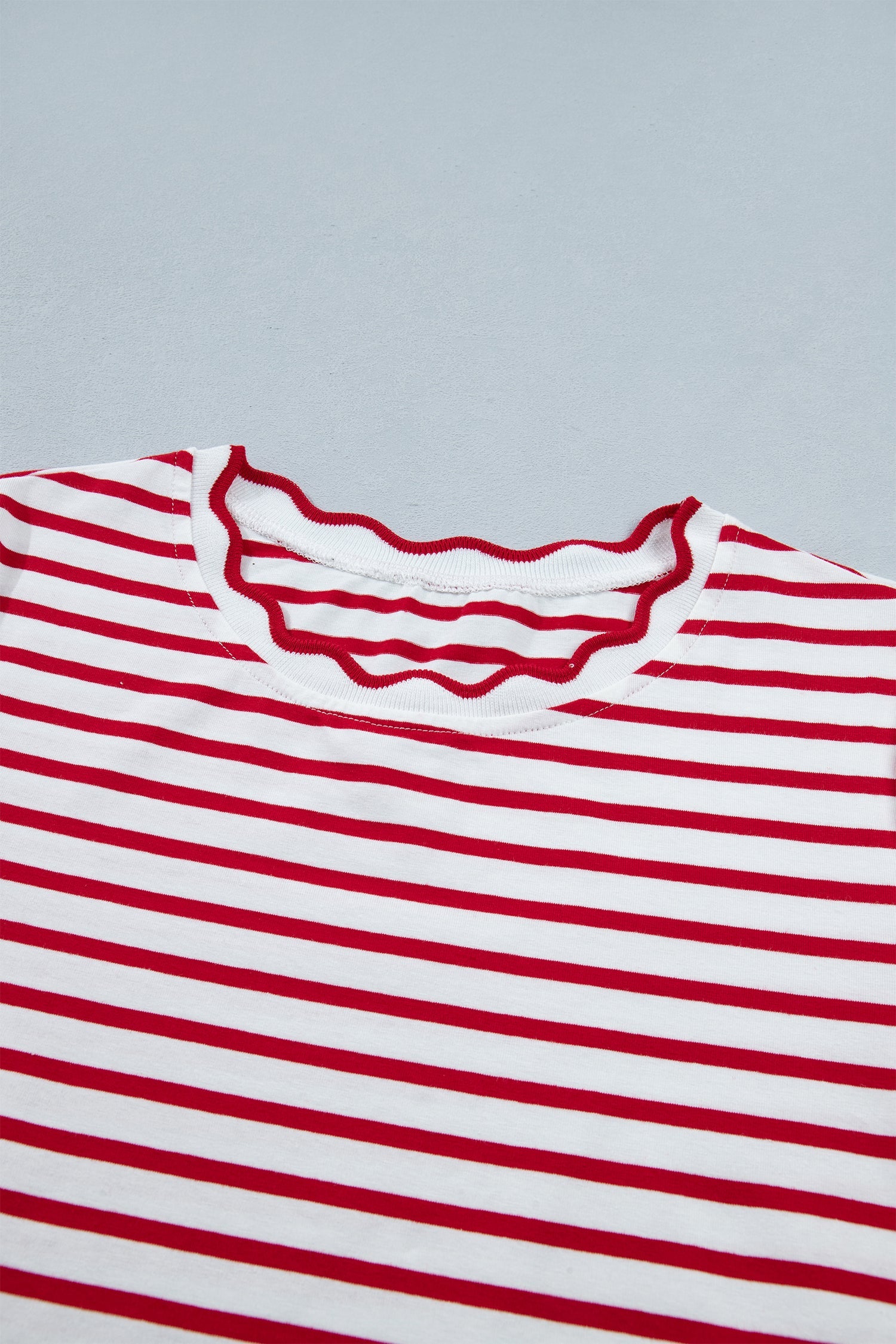 Cute Red Stripe Scallop Trim Everyday Top 2pcs Short Set