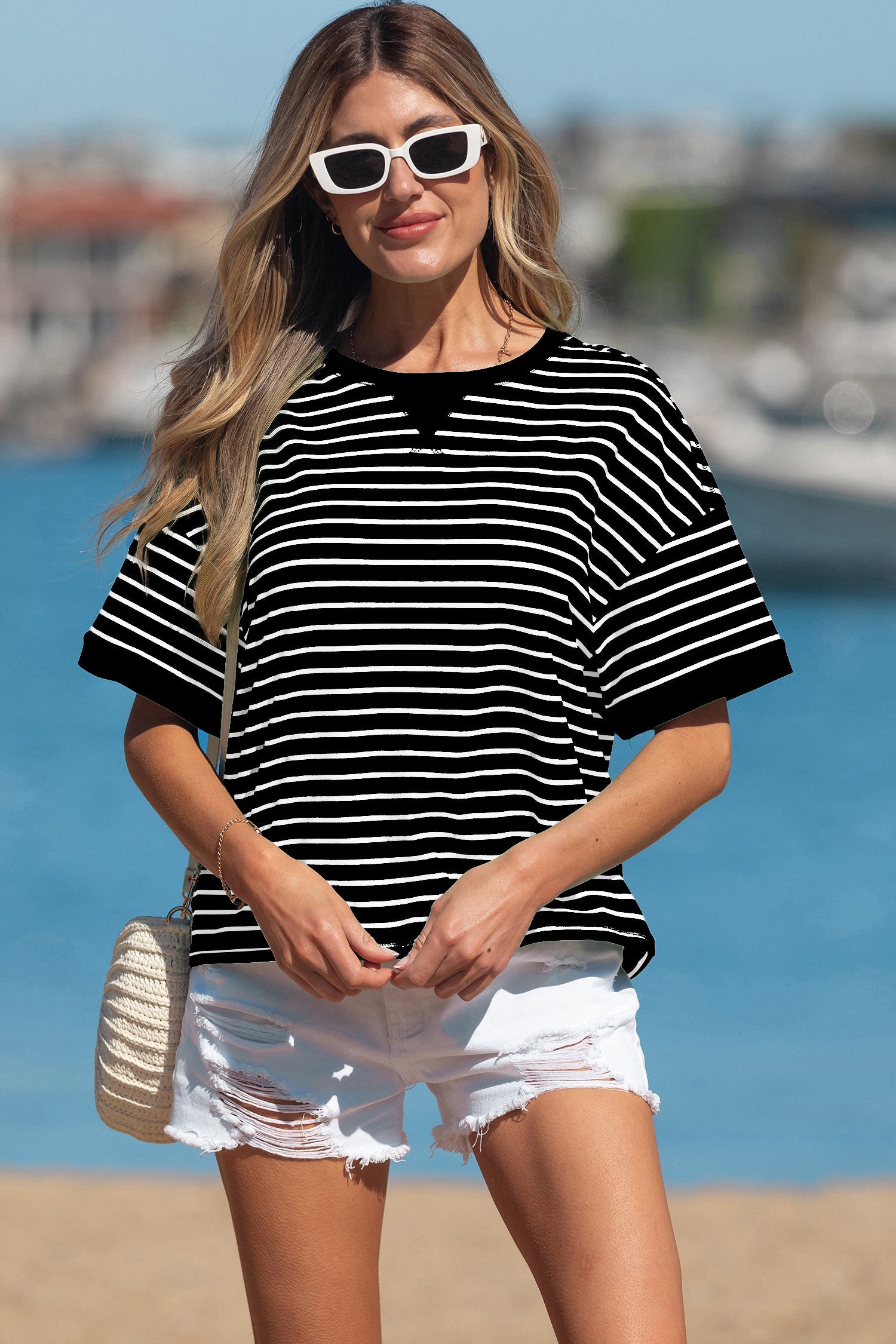 Black Stripe Everyday Stripe Rib-Knit Patchwork Seam Detail Half Sleeve Tee