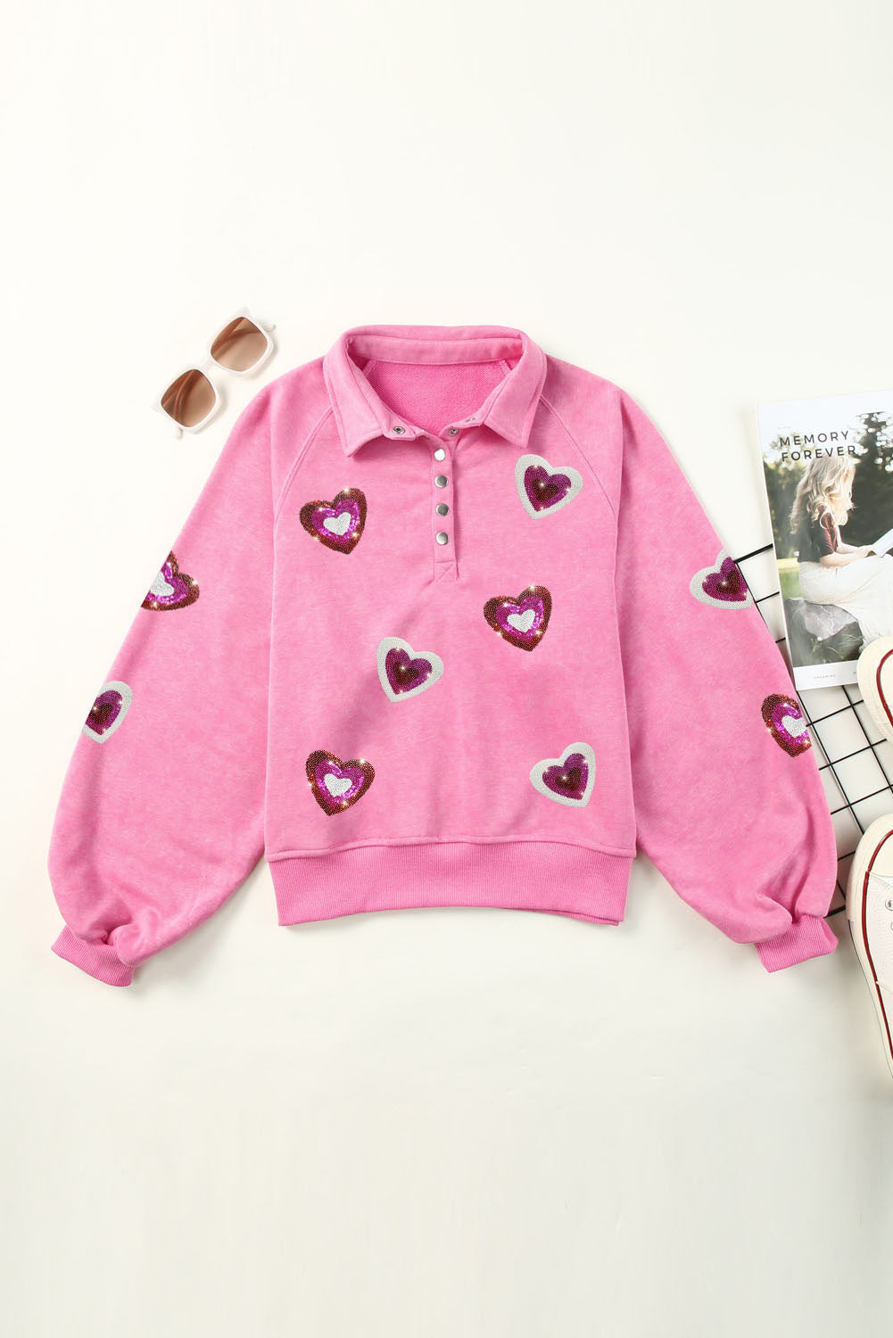 Women's Sweatshirt with Sequin Buttons Mineral-Washed